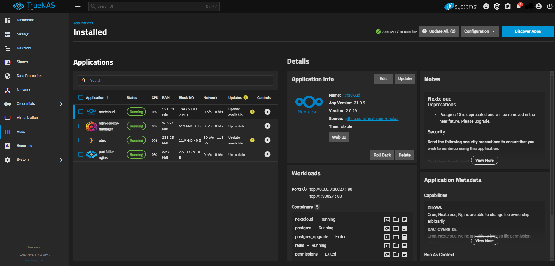 Vue des applications déployées sur TrueNAS