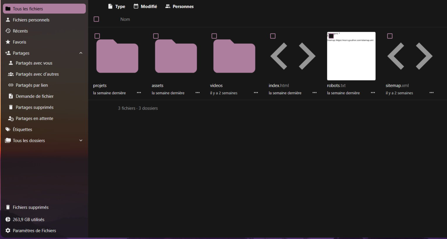 Interface Nextcloud du NAS