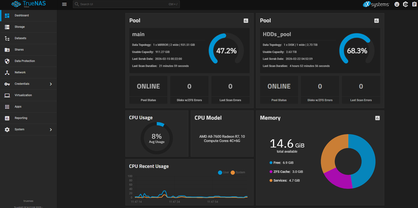 Interface TrueNAS SCALE du projet NAS